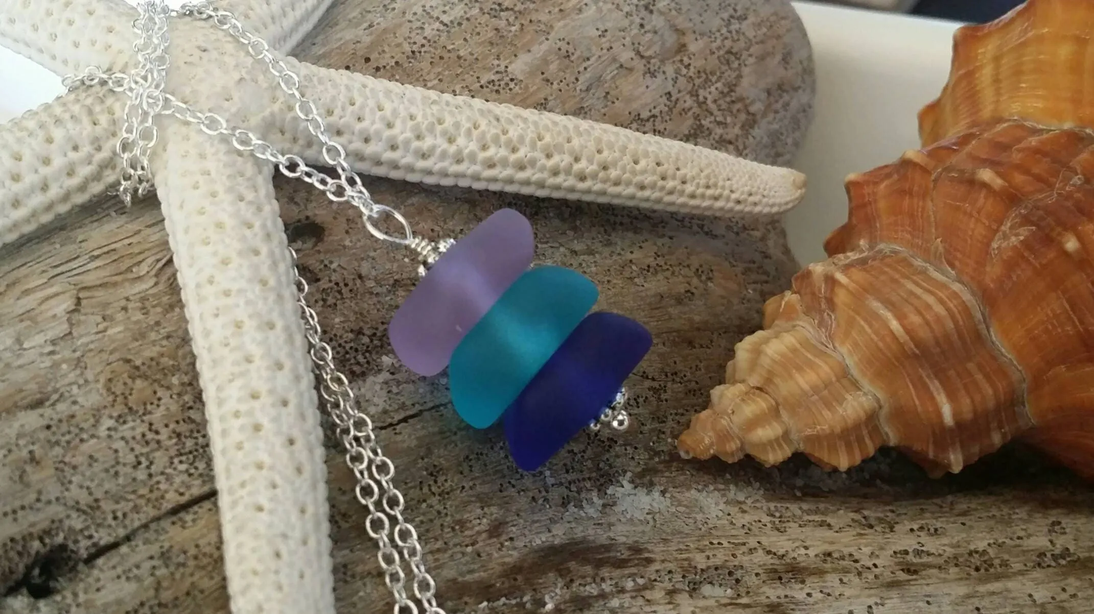 Made in Hawaii, Purple blue cobalt triple sea glass necklace ,Beach glass necklace, gift box, Beach jewelry gift.