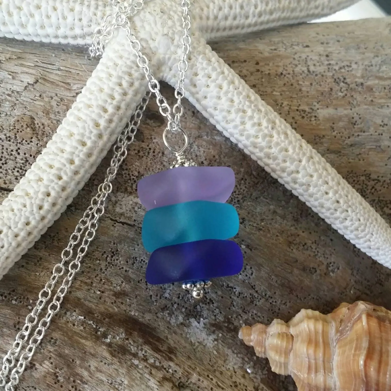 Made in Hawaii, Purple blue cobalt triple sea glass necklace ,Beach glass necklace, gift box, Beach jewelry gift.