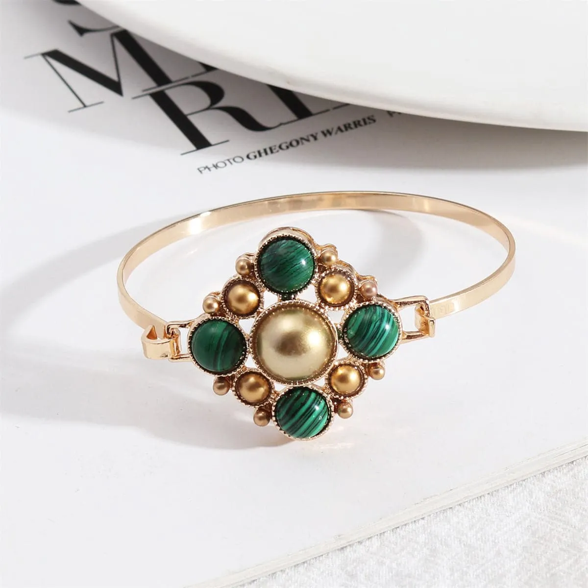Malachite & Pearl 18K Gold-Plated Floral Bangle