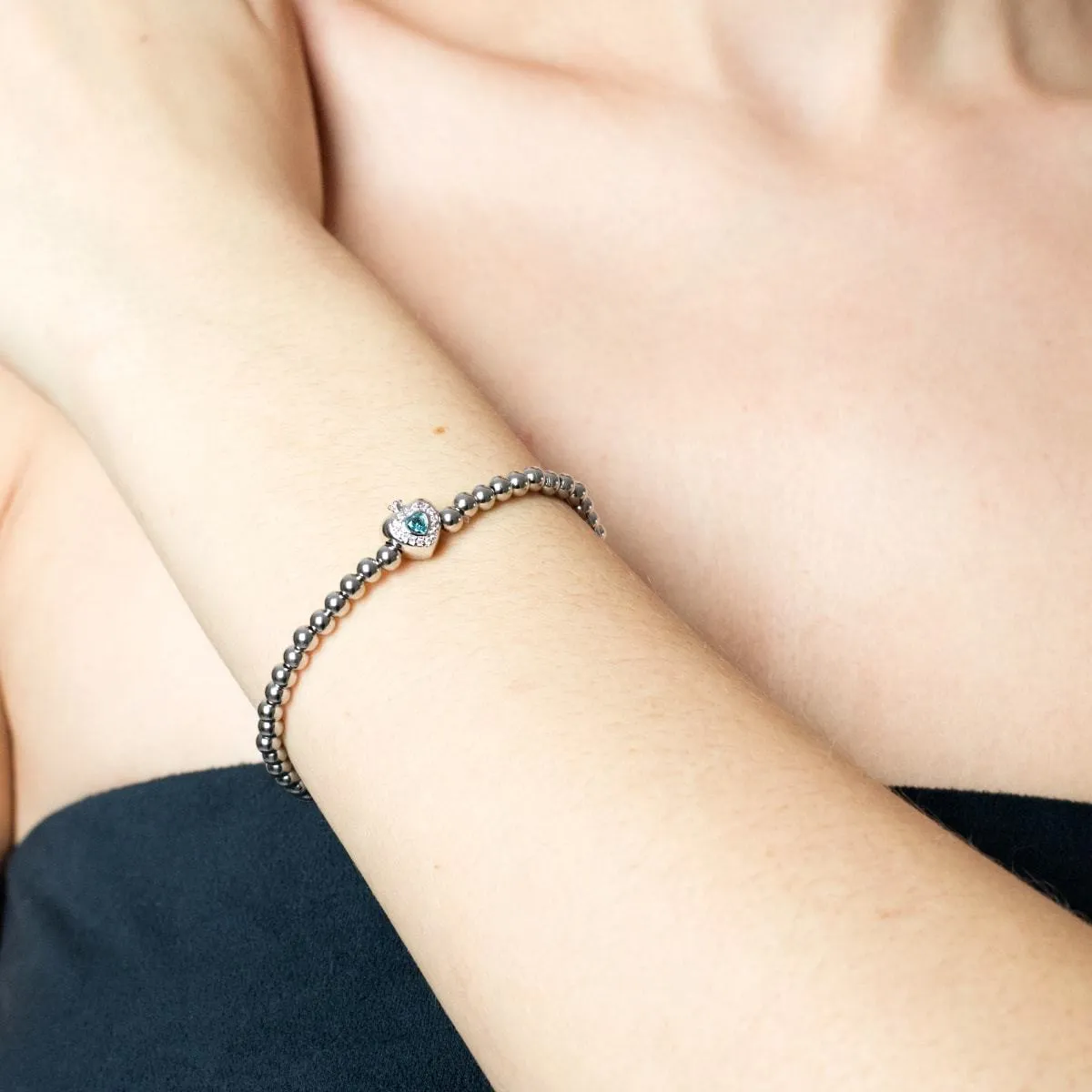 March | Aquamarine Birthstone | Silver | Crystal Heart Bracelet