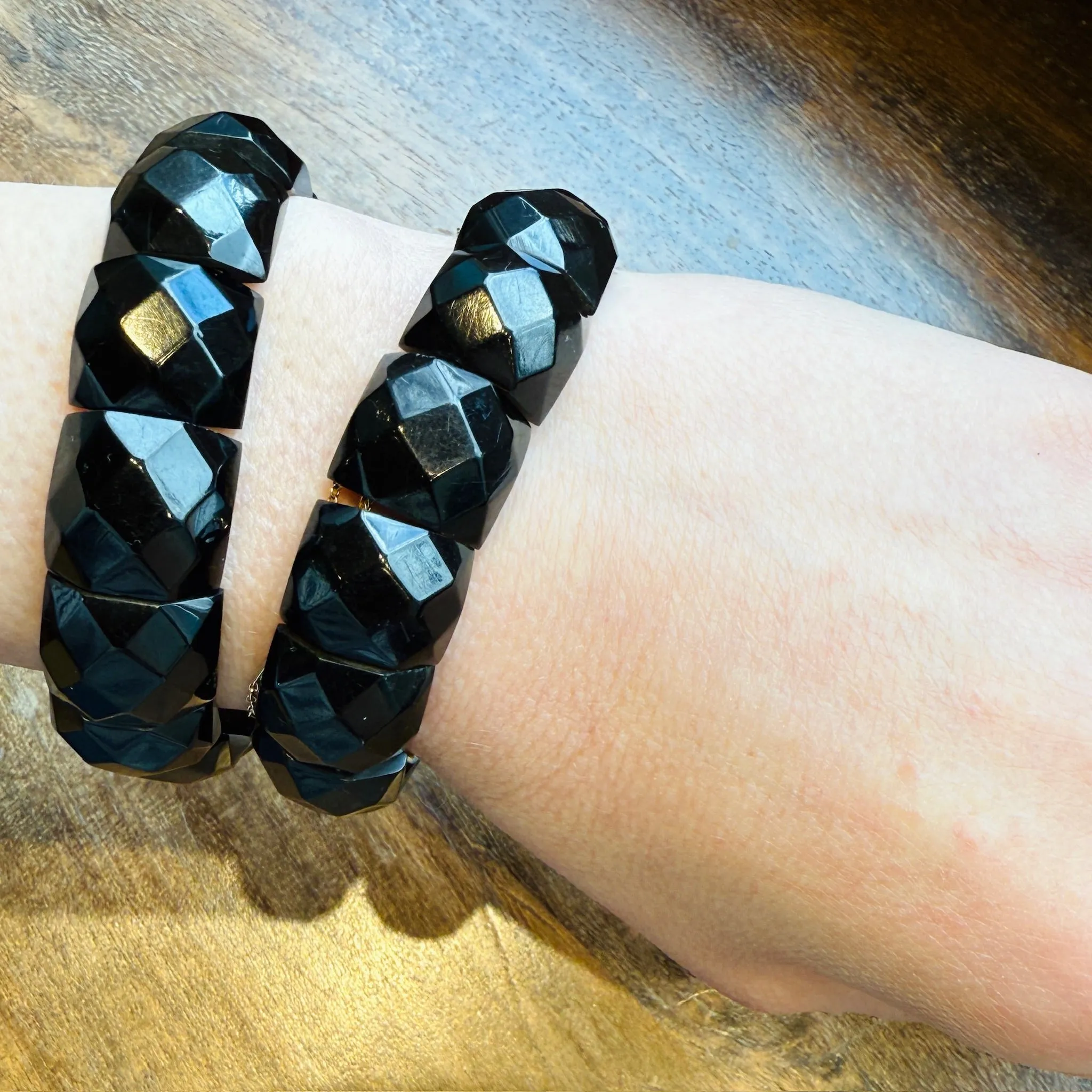 Matched Jet Bracelets with Engraved Clasps