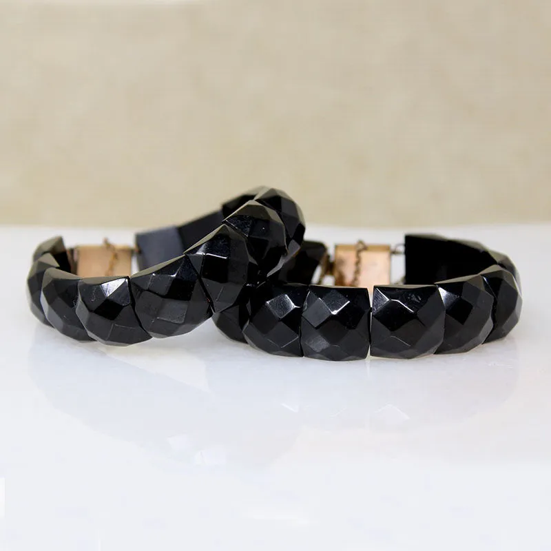 Matched Jet Bracelets with Engraved Clasps