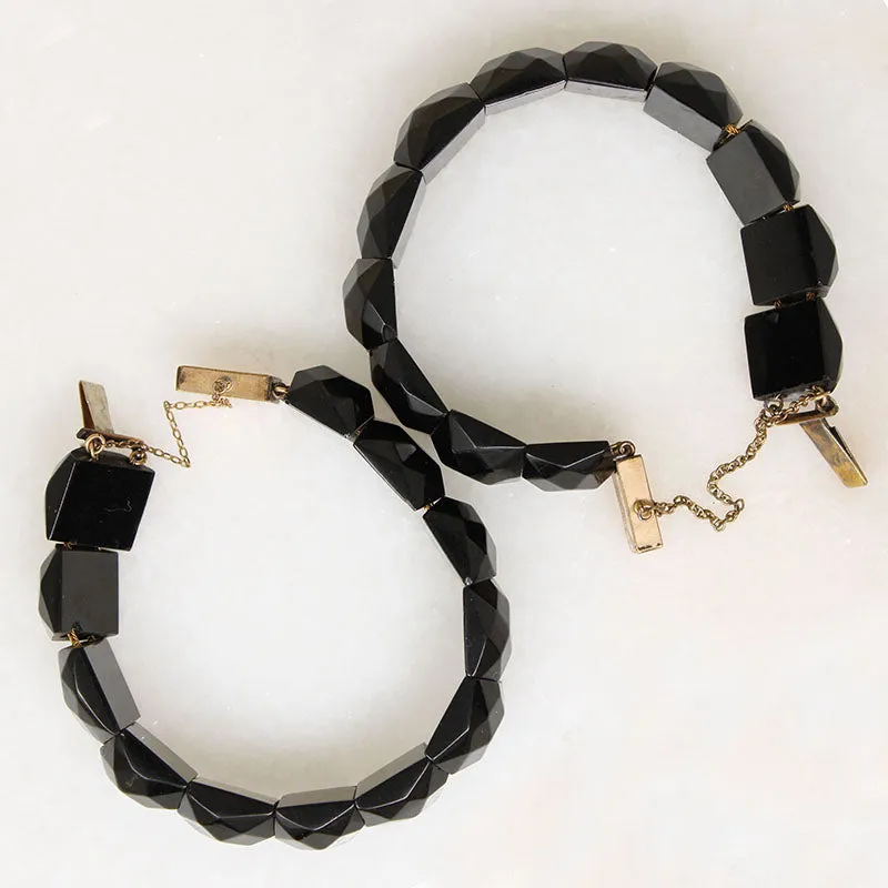 Matched Jet Bracelets with Engraved Clasps