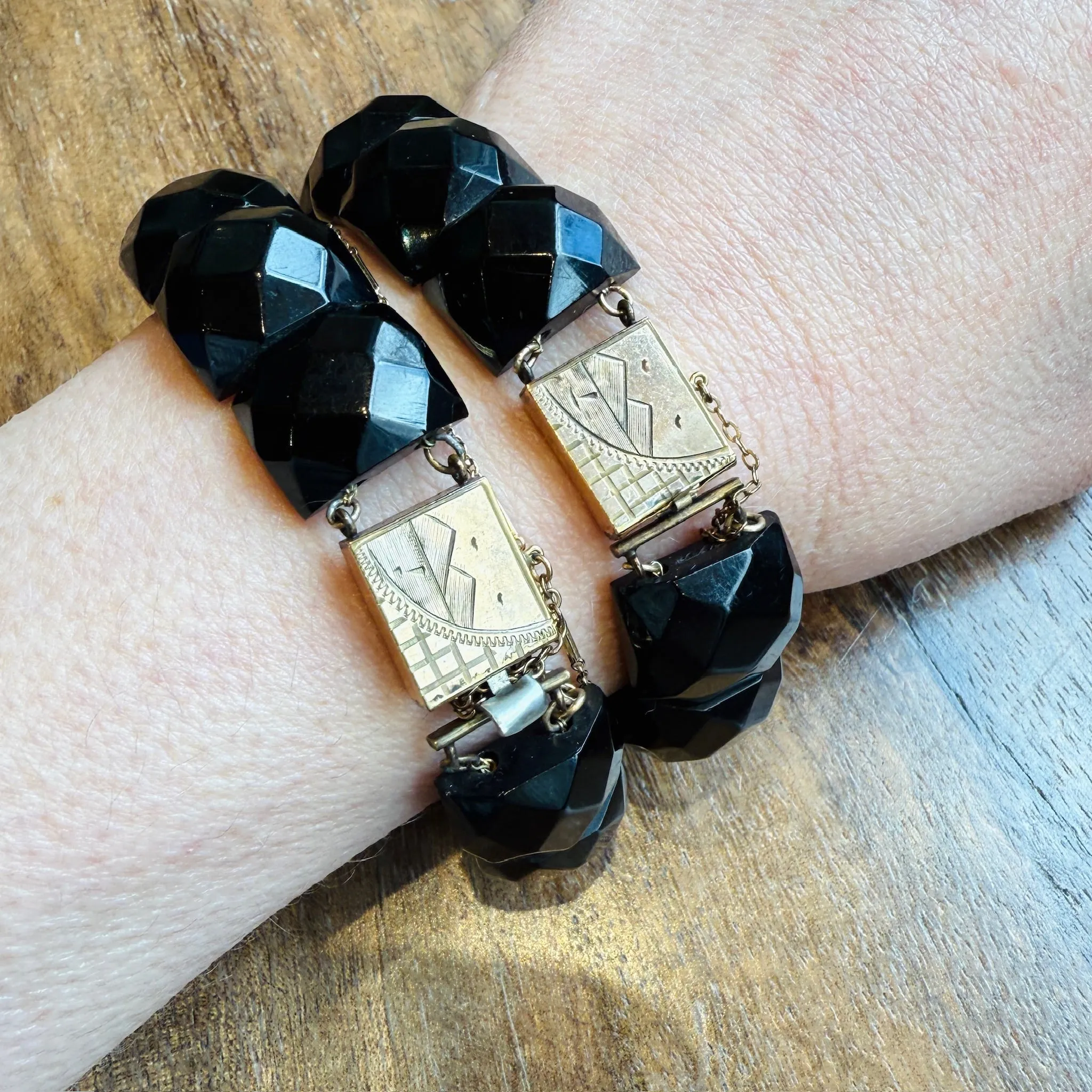 Matched Jet Bracelets with Engraved Clasps