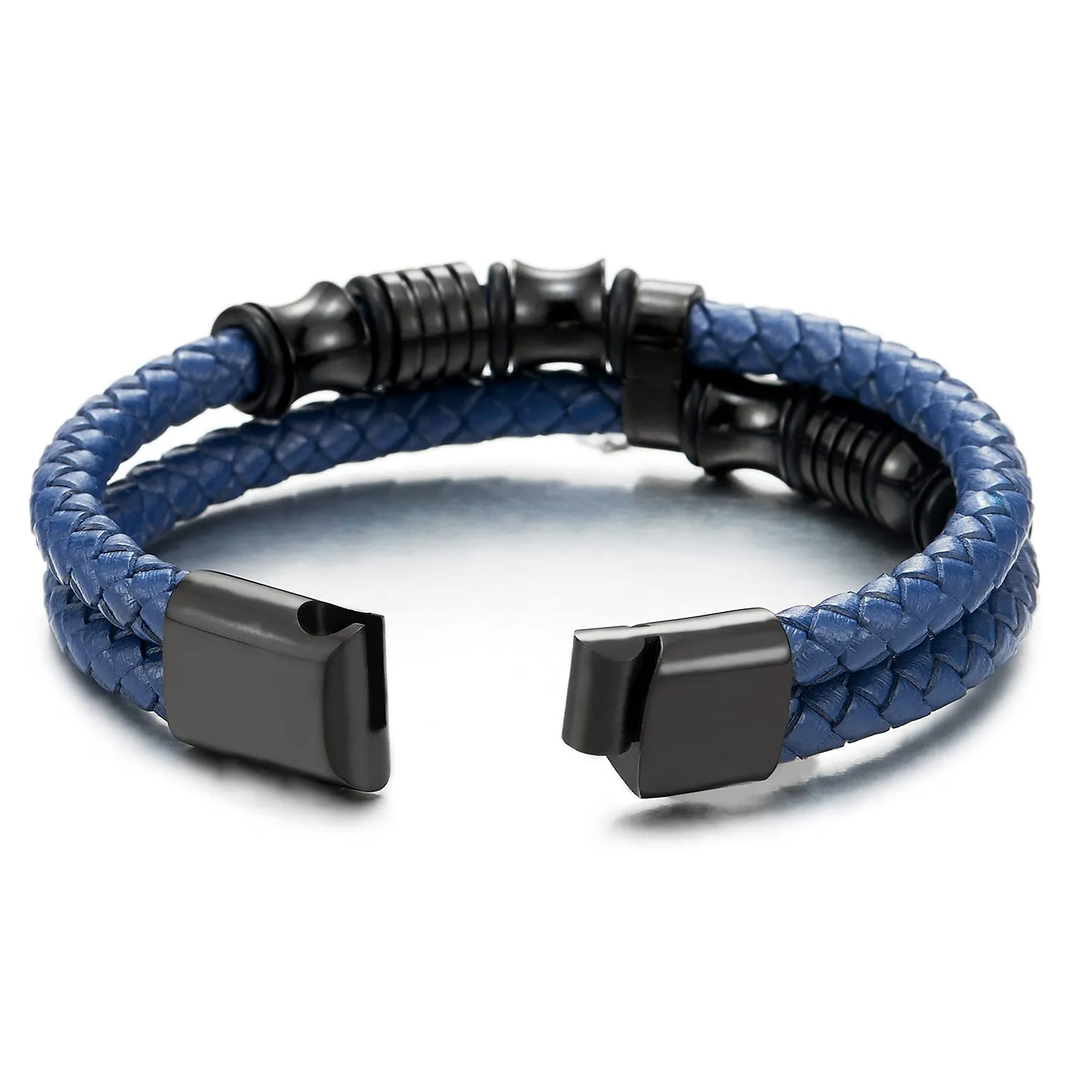 Mens Double-Row Blue Braided Leather Bracelet Bangle Wristband with Black Stainless Steel Ornaments