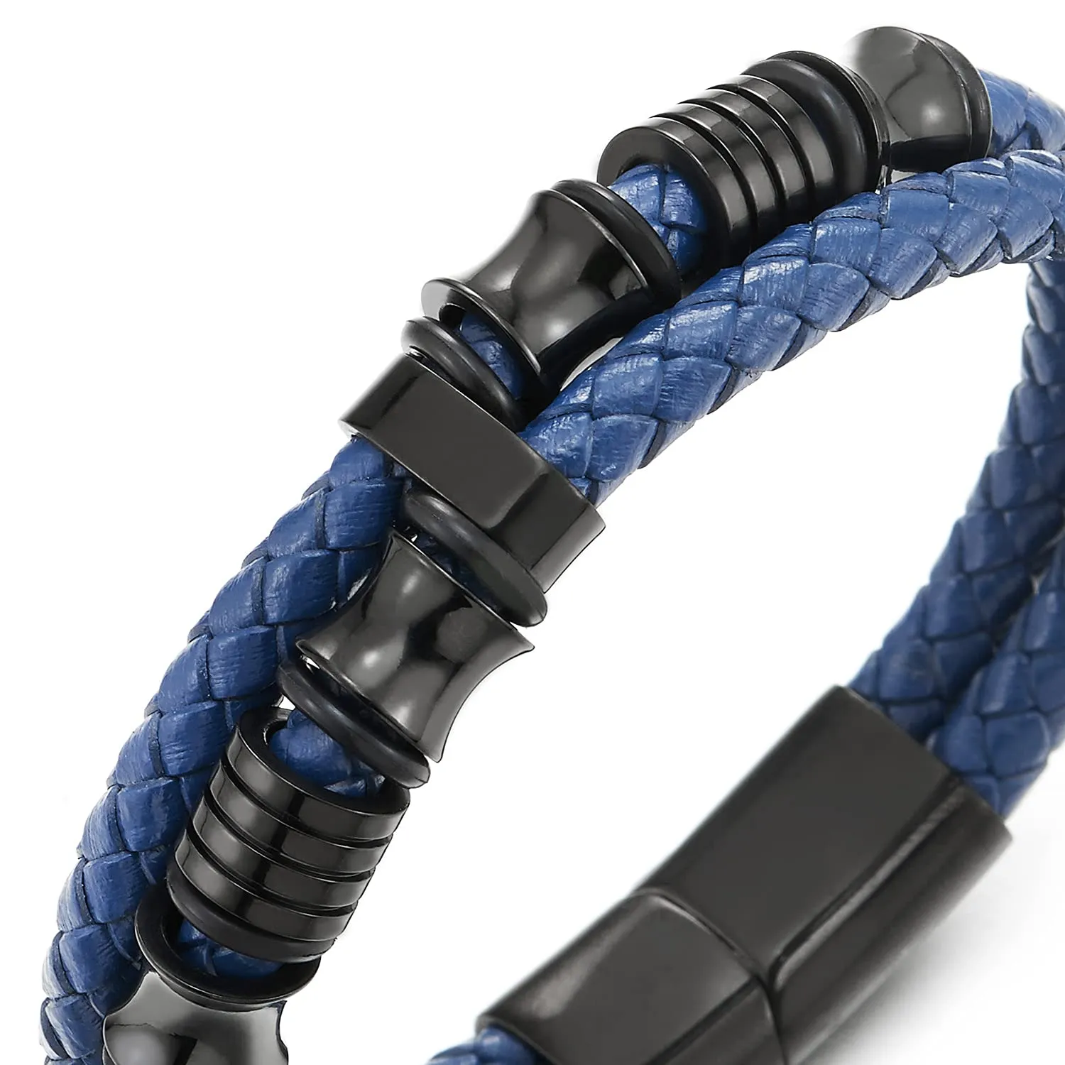 Mens Double-Row Blue Braided Leather Bracelet Bangle Wristband with Black Stainless Steel Ornaments