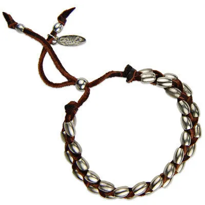 Mens Intertwined Silver Barrel Bead Mens Bracelet on Tan Leather