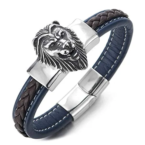 Mens Large Navy Blue Brown Braided Leather Straps Bangle Bracelet with Stainless Steel Lion Head