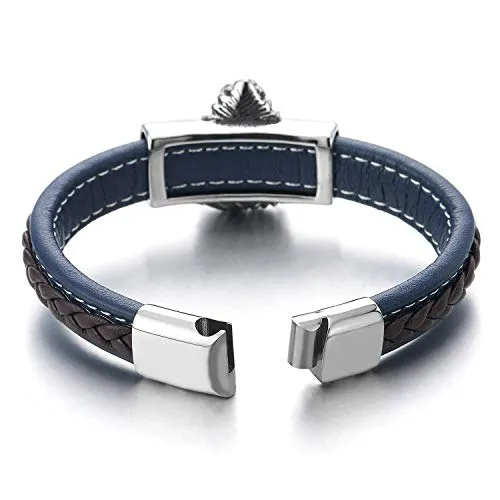 Mens Large Navy Blue Brown Braided Leather Straps Bangle Bracelet with Stainless Steel Lion Head