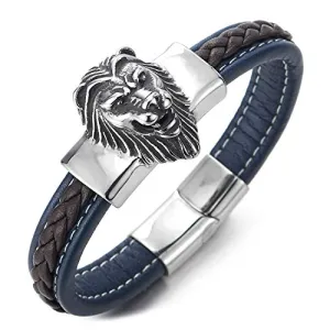 Mens Large Navy Blue Brown Braided Leather Straps Bangle Bracelet with Stainless Steel Lion Head