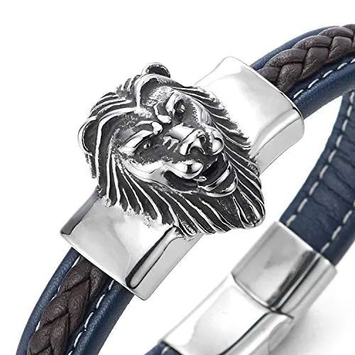 Mens Large Navy Blue Brown Braided Leather Straps Bangle Bracelet with Stainless Steel Lion Head