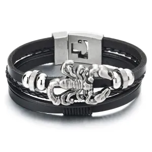 Mens Multi-Strand Leather Bangle Wrap Wristband Bracelet with Vintage Scorpion and Beads
