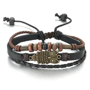 Mens Womens Multi-Strand Black Braided Leather Brown Cotton Strap Bracelet with Owl and Beads Charms