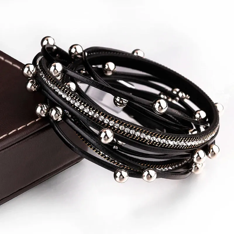Metal Beads Charm Leather Bracelets for Women Fashion Crystal Chain Bohemian Multilayer Wrap Bracelet Female Jewelry