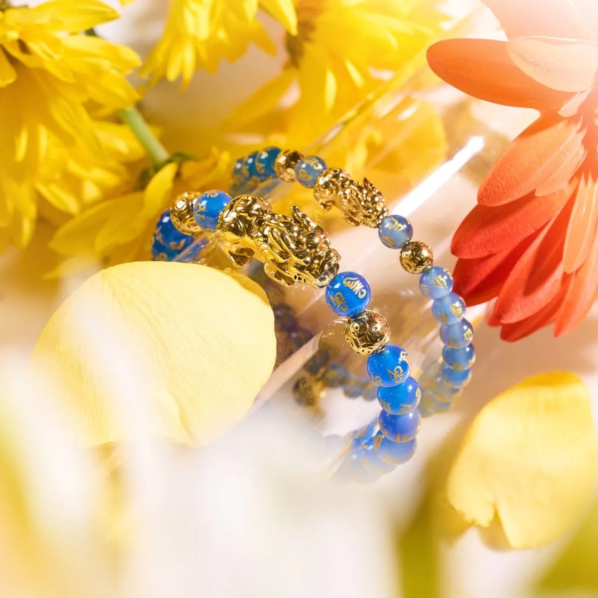 Mini Pixiu Feng Shui Bracelet | WATER Element | Blue Agate x 18k Gold