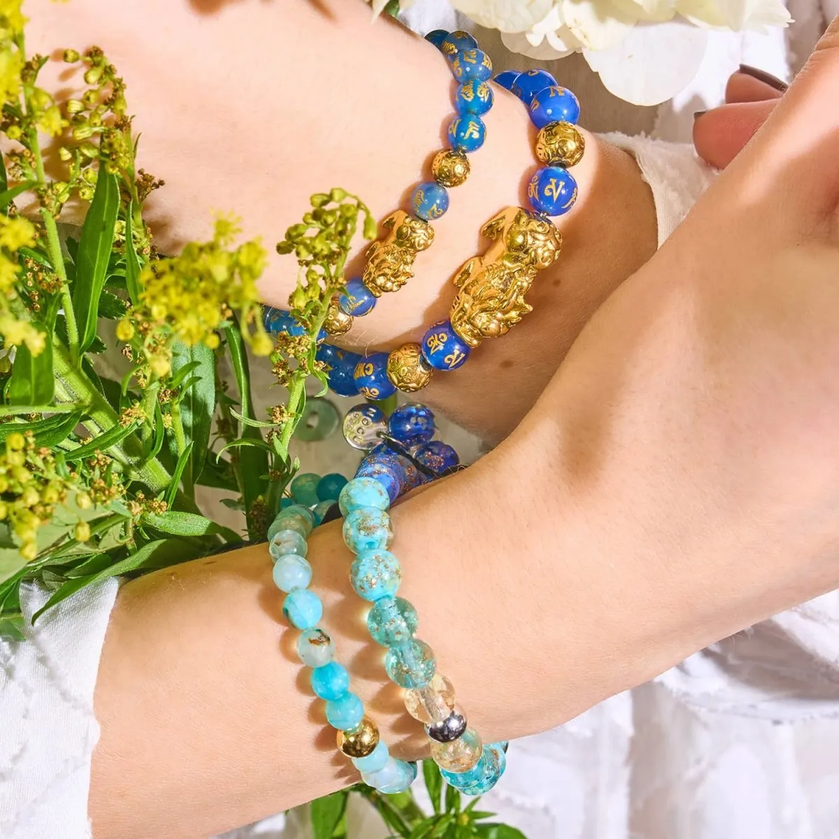 Mini Pixiu Feng Shui Bracelet | WATER Element | Blue Agate x 18k Gold