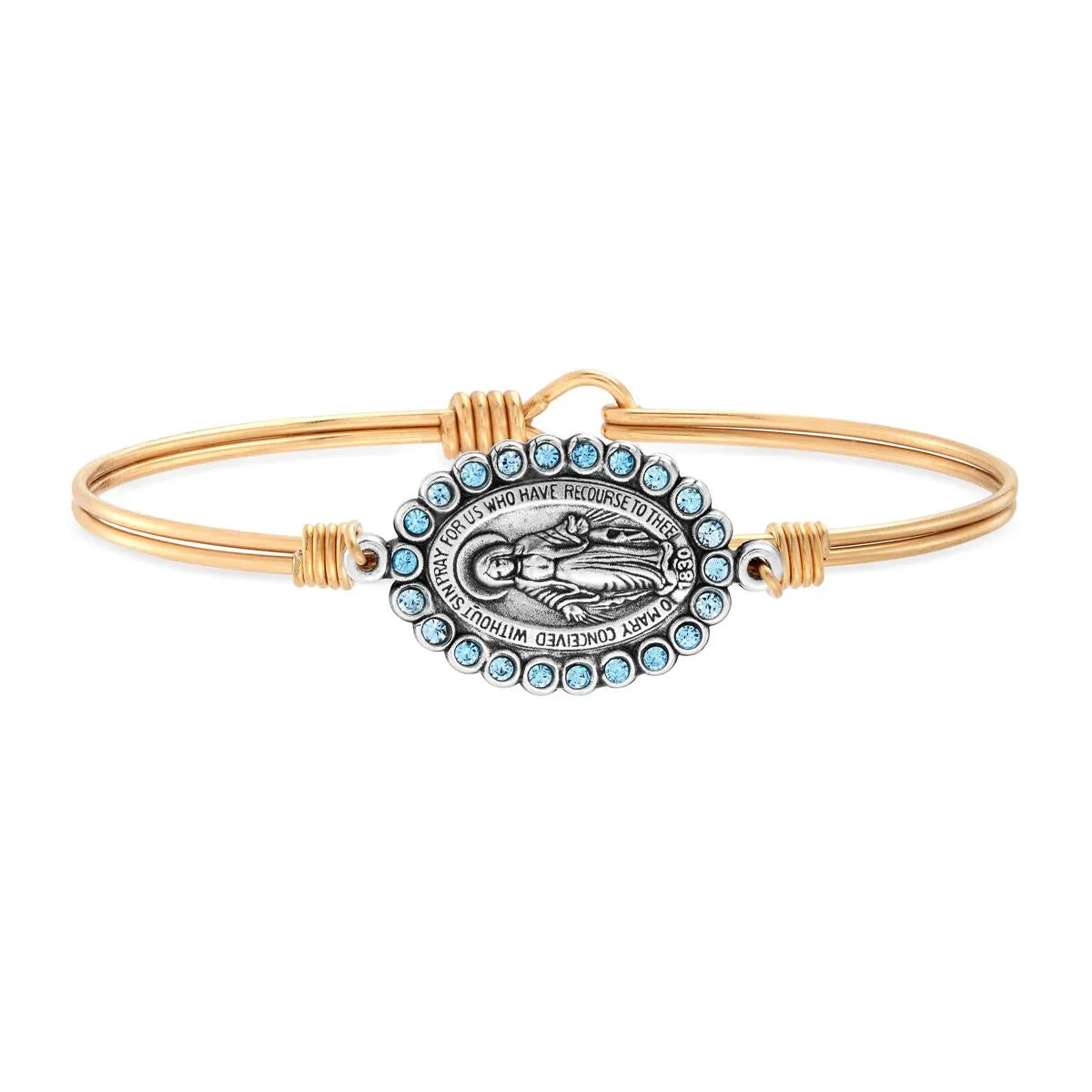Miraculous Medal Bangle Bracelet in Aquamarine, Gold