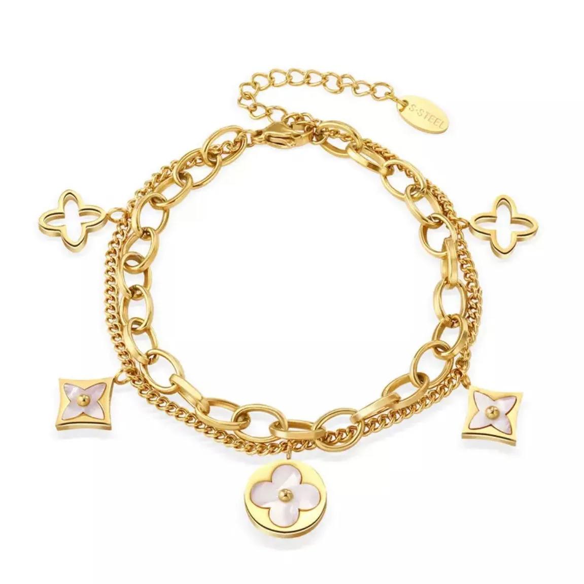 MOP Four Leaf Clover Charms Bracelet - Gold and Silver.