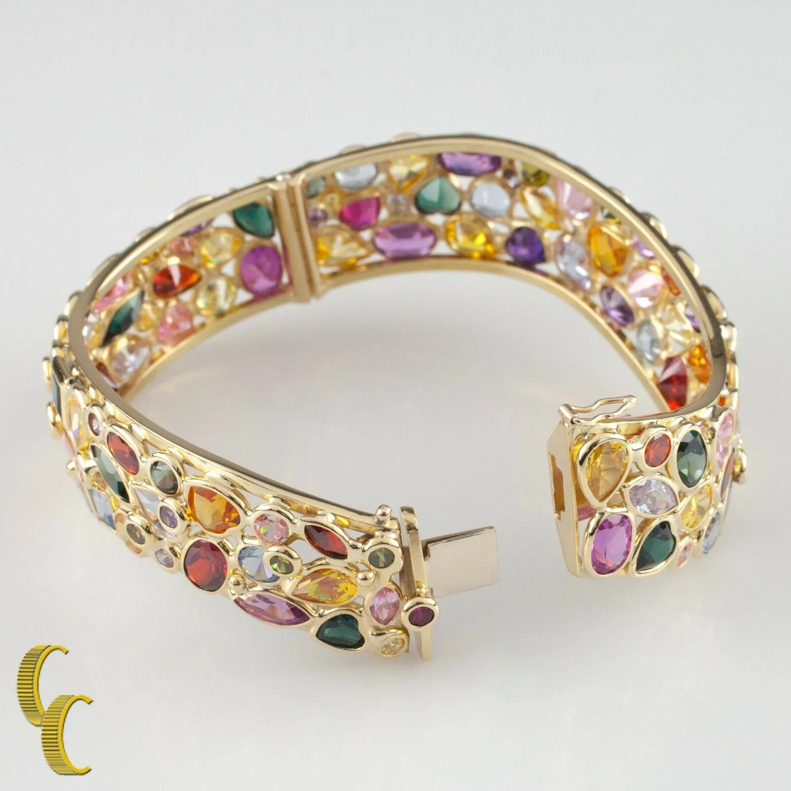 Multi-Colored Gemstone 18k Yellow Gold Bangle Bracelet