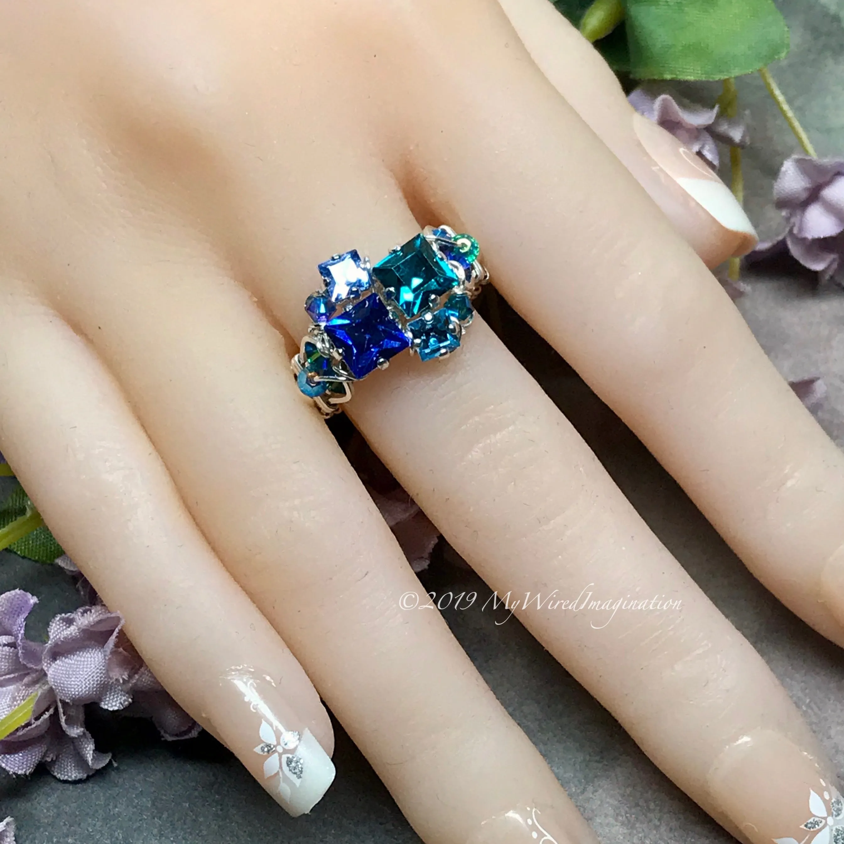 Multi-Stone Ring, Handmade in Swarovski Crystal Blues, Available in SS or 14K GF, Made to Order