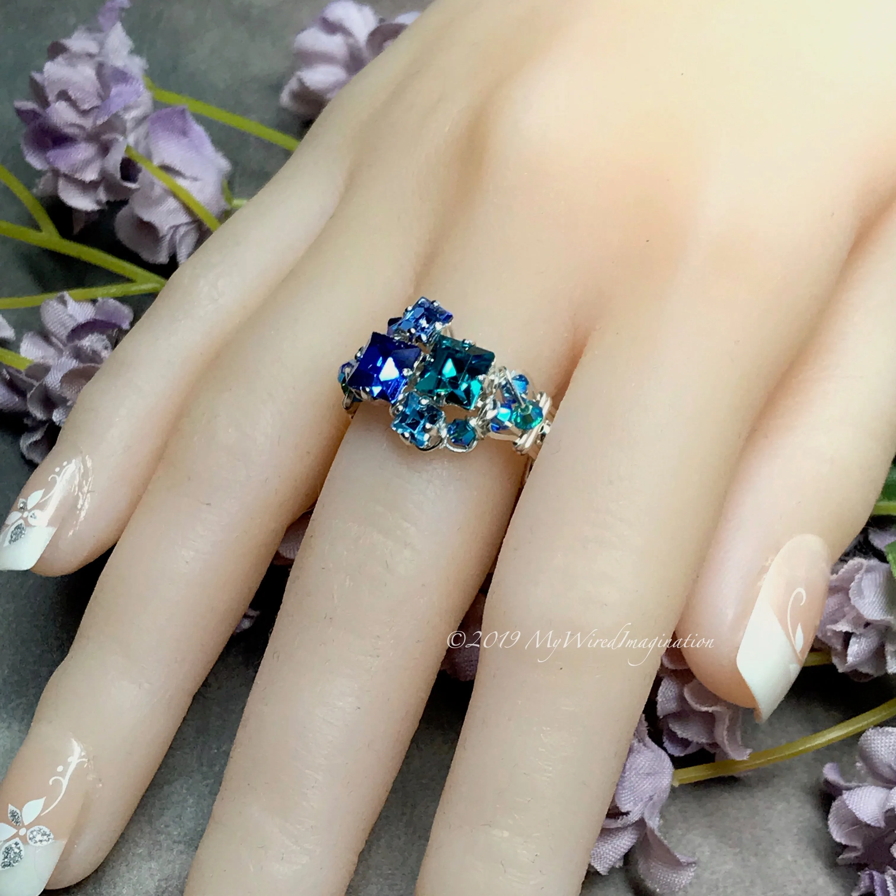 Multi-Stone Ring, Handmade in Swarovski Crystal Blues, Available in SS or 14K GF, Made to Order