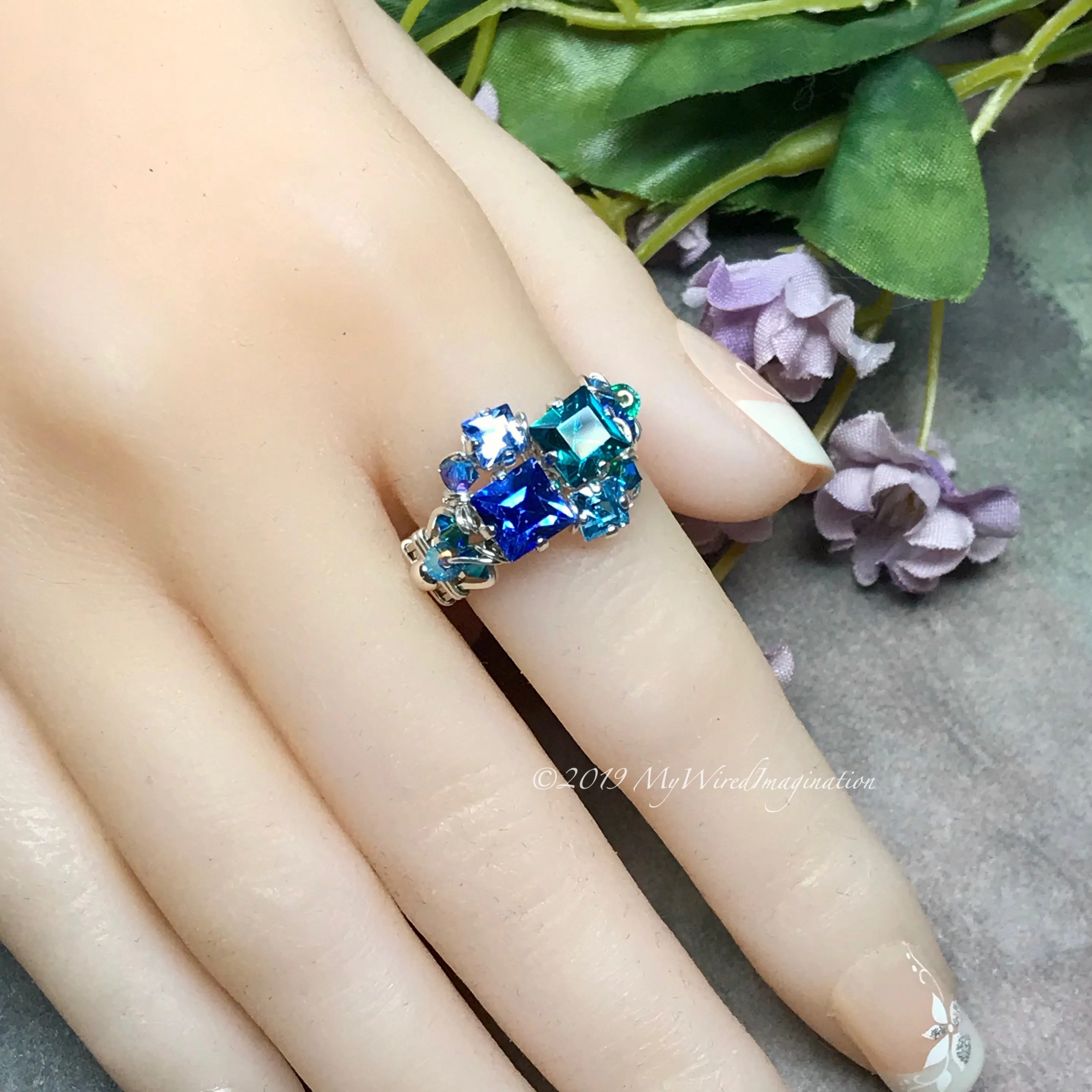 Multi-Stone Ring, Handmade in Swarovski Crystal Blues, Available in SS or 14K GF, Made to Order
