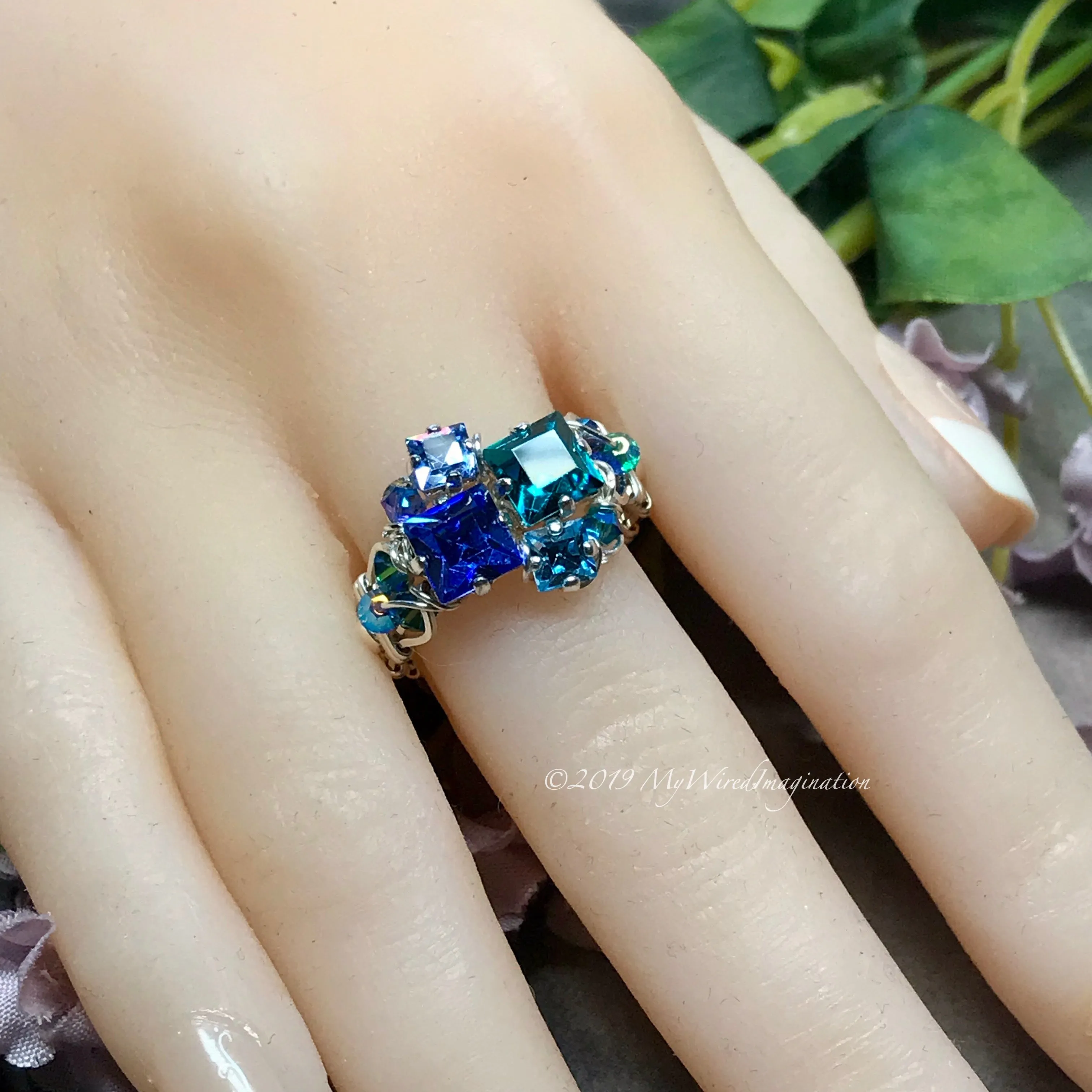 Multi-Stone Ring, Handmade in Swarovski Crystal Blues, Available in SS or 14K GF, Made to Order