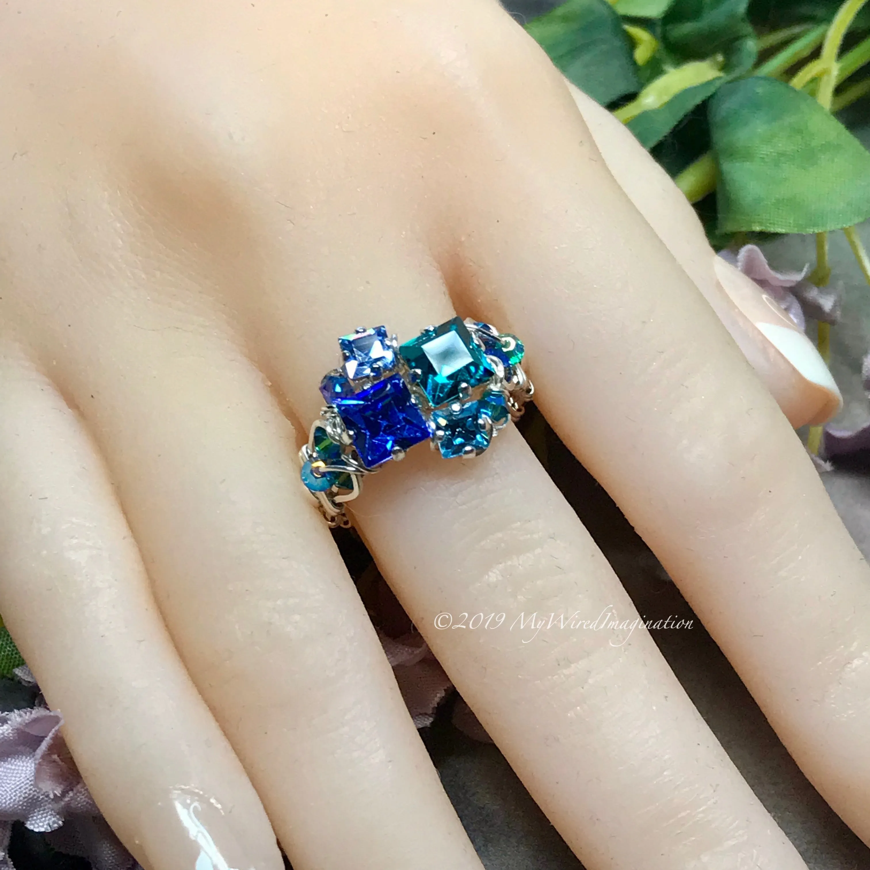 Multi-Stone Ring, Handmade in Swarovski Crystal Blues, Available in SS or 14K GF, Made to Order