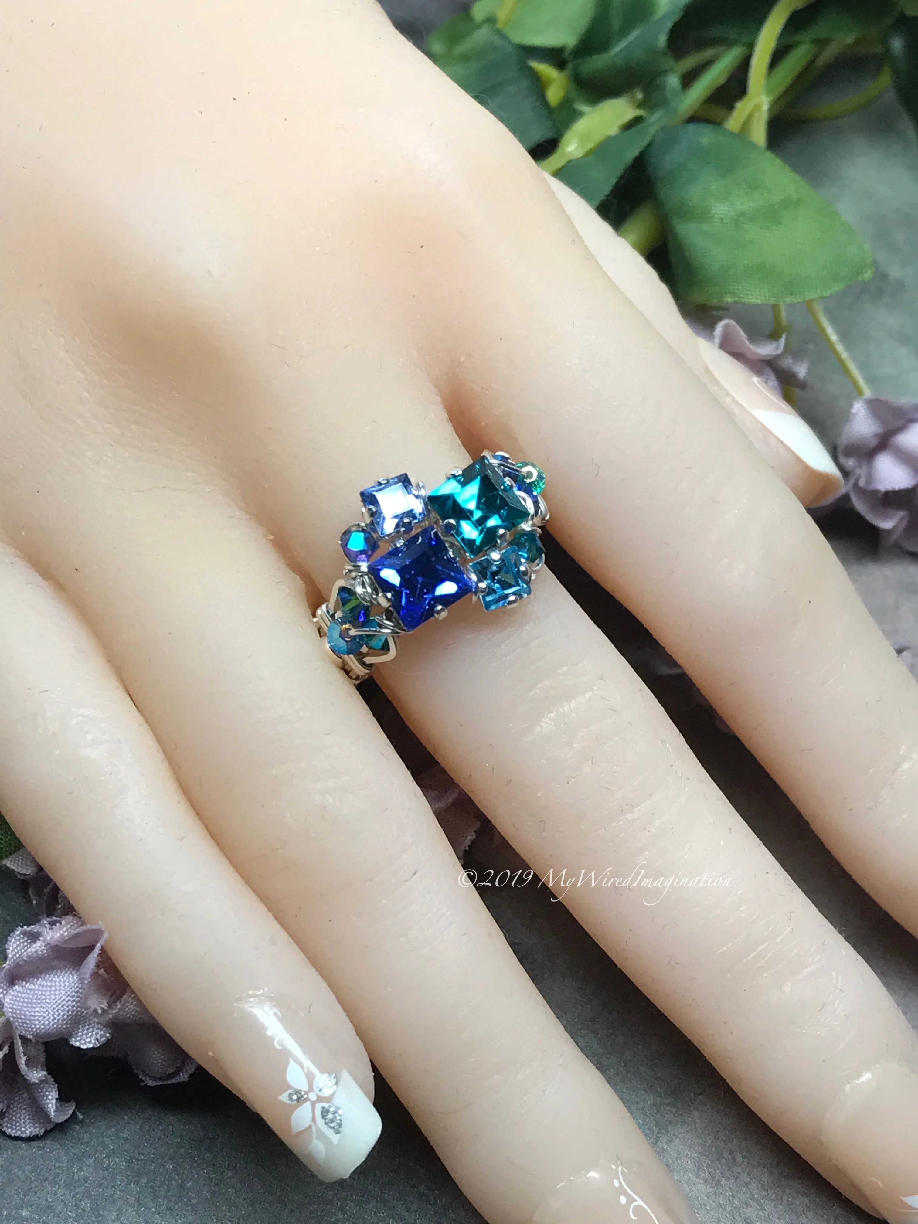 Multi-Stone Ring, Handmade in Swarovski Crystal Blues, Available in SS or 14K GF, Made to Order