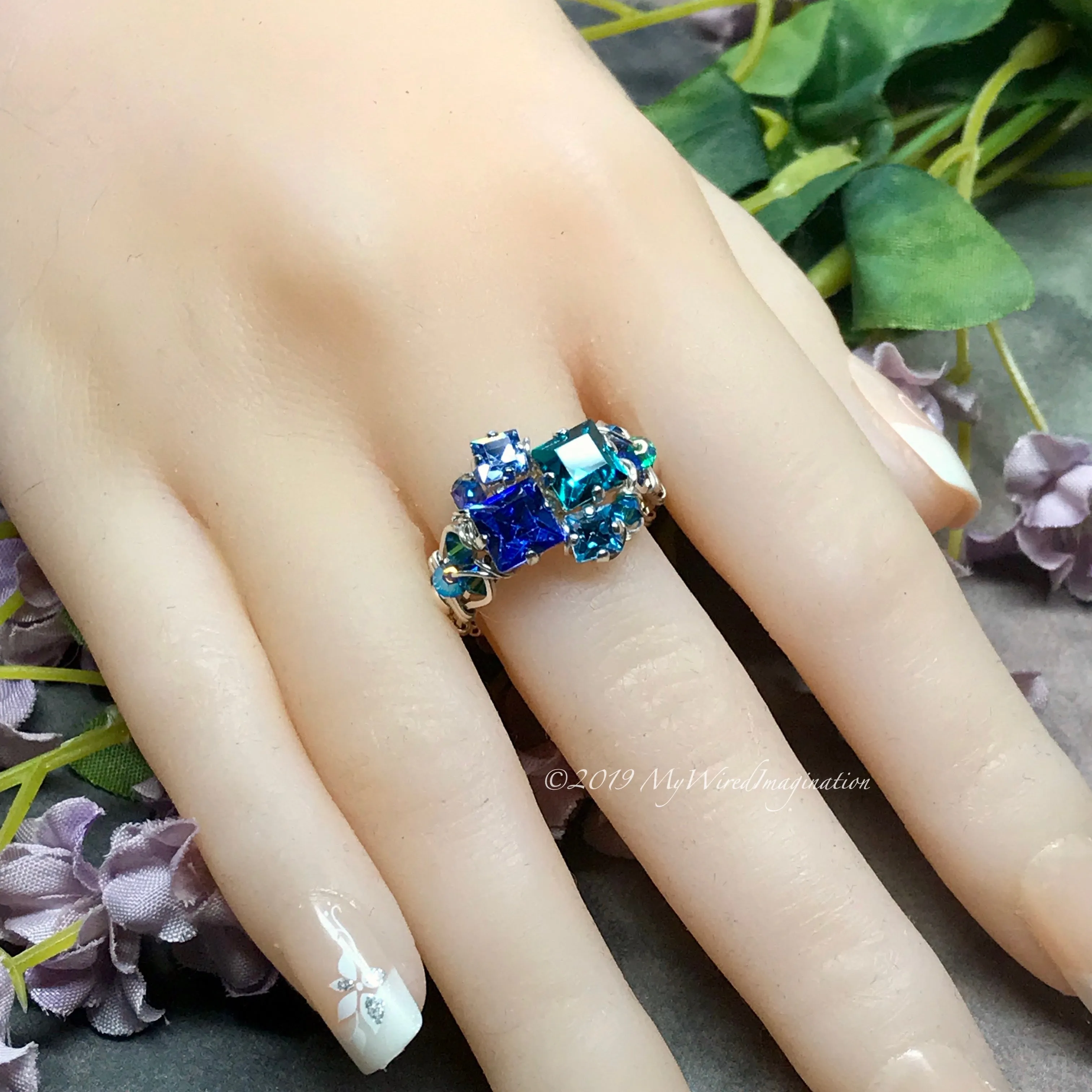 Multi-Stone Ring, Handmade in Swarovski Crystal Blues, Available in SS or 14K GF, Made to Order