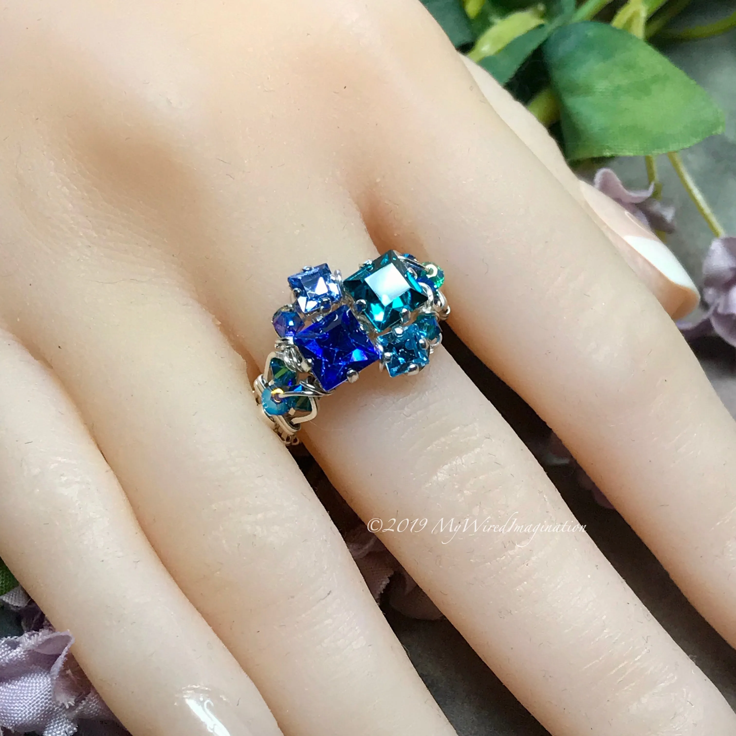 Multi-Stone Ring, Handmade in Swarovski Crystal Blues, Available in SS or 14K GF, Made to Order