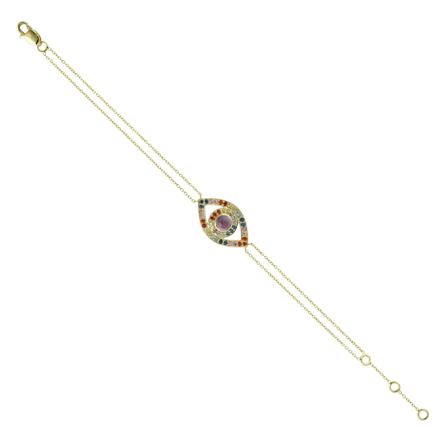 Multicolor Sapphire September Birthstone Evil Eye Chain Bracelet In 14k Yellow Gold