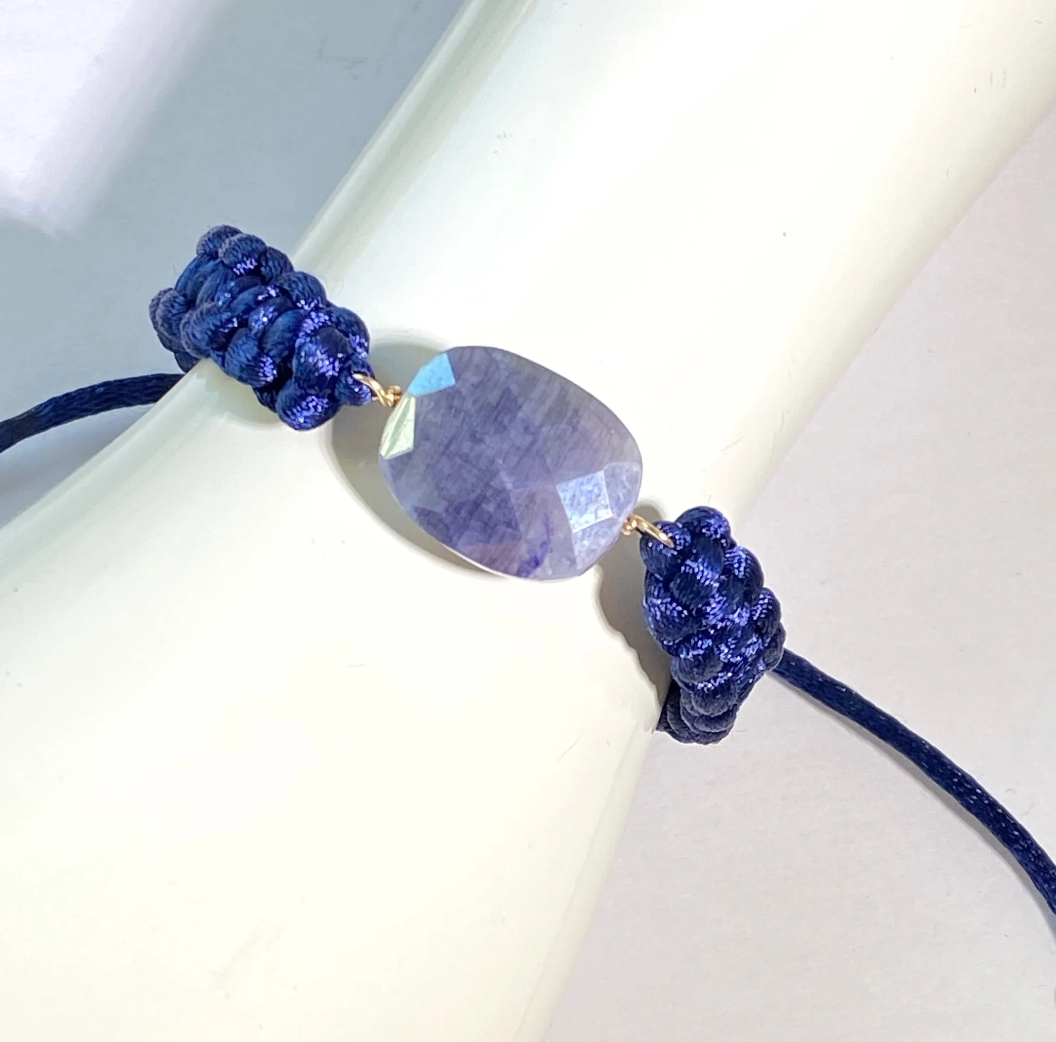 Mystic Blue Sapphire Bracelet Adjustable Navy Blue Macramé