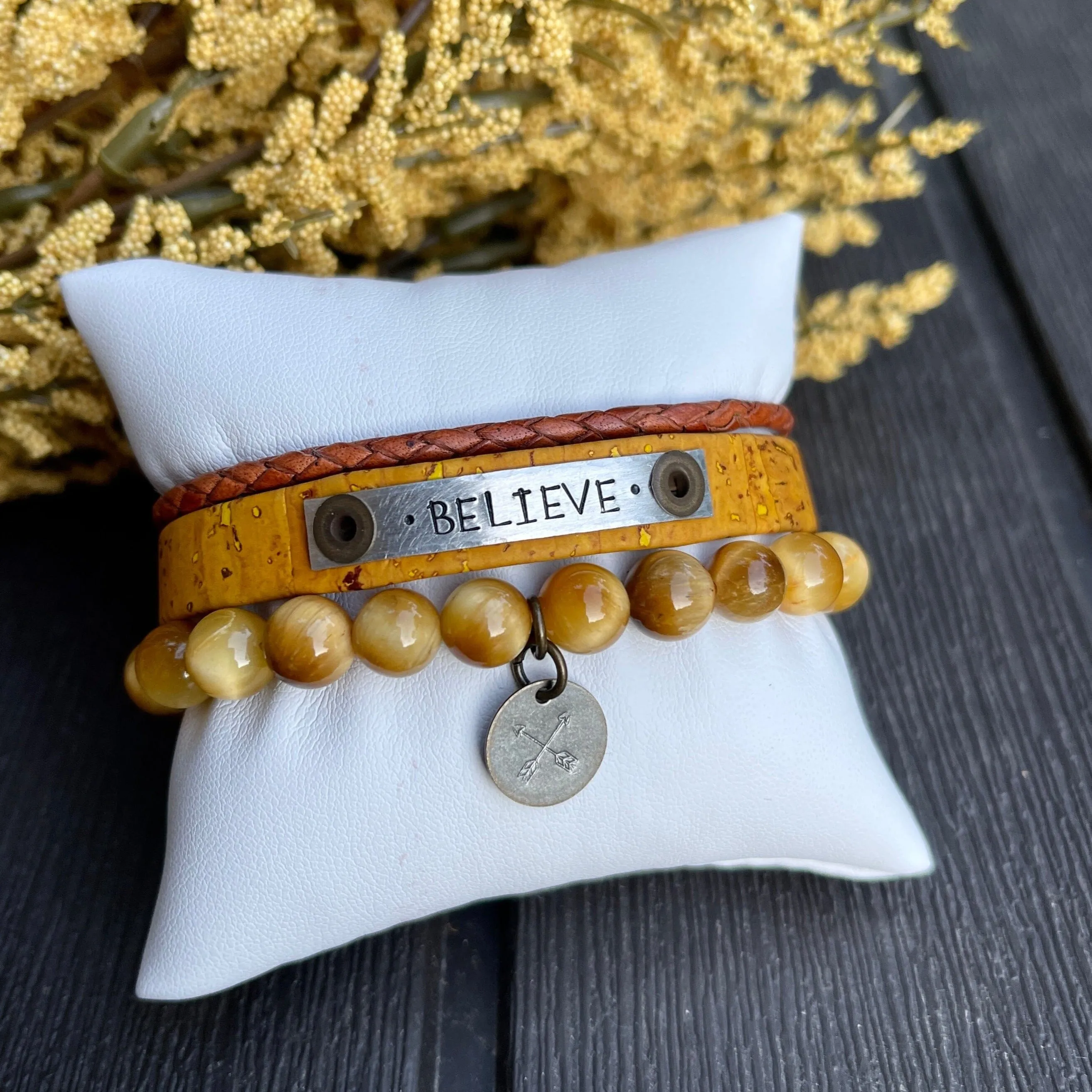 Natural Honey Tiger Eye Bead Bracelet | Crossed Arrow Charm |8mm | Natural Gemstone | Womens