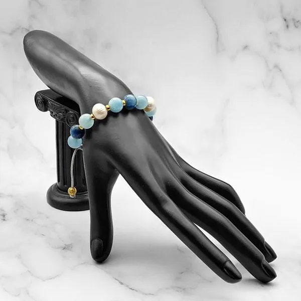 Ocean Wave | Aquamarine-Pearl-Kyanite Bracelet in Gold/Silver | 10MM