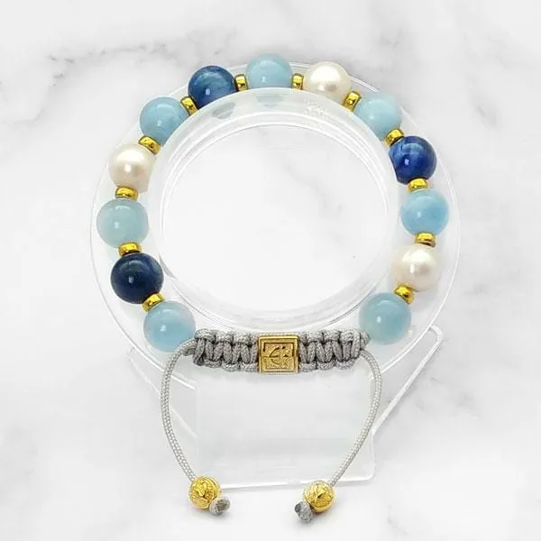Ocean Wave | Aquamarine-Pearl-Kyanite Bracelet in Gold/Silver | 10MM