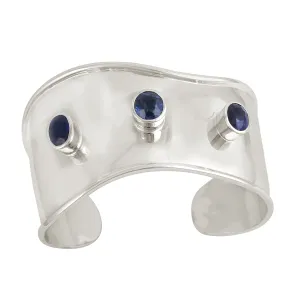 Oval Cut Blue Sapphire Bezel Set In 14K White Gold Designer Cuff For Her