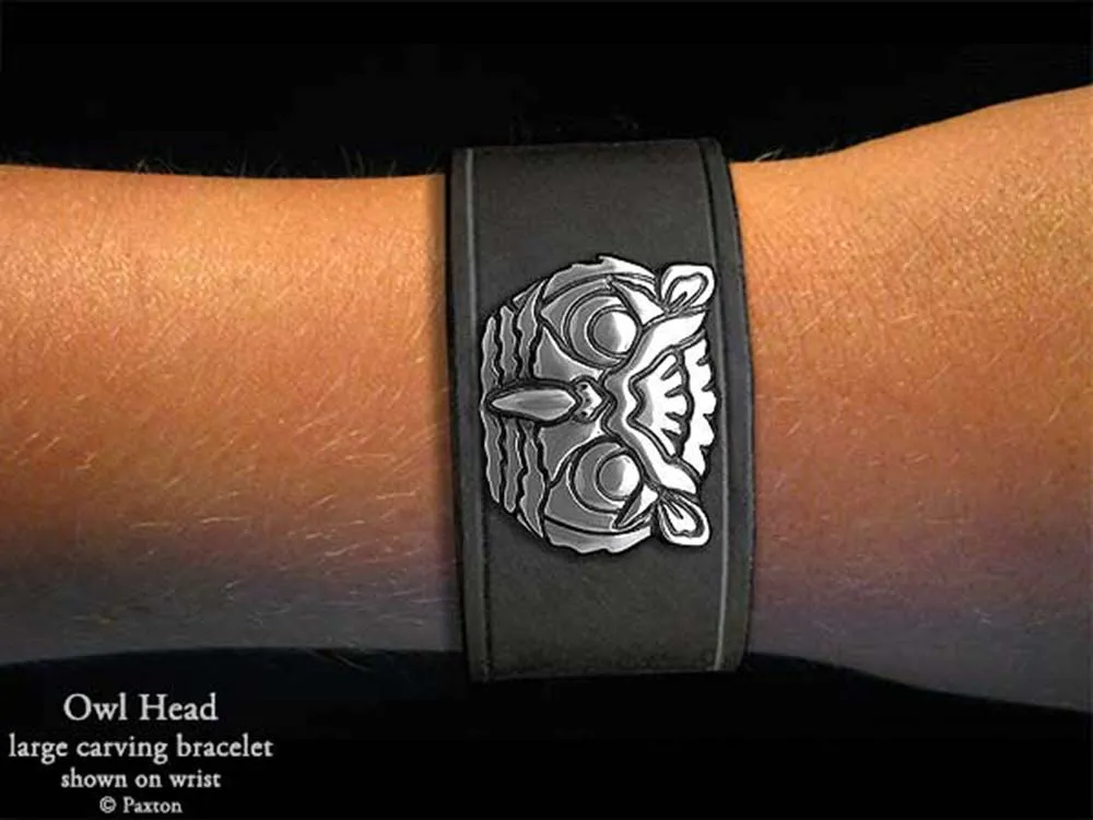 Owl Head Bracelet Sterling Silver on Genuine Leather