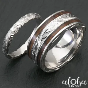 Pair of 3&8mm Assorted Hawaiian Jewelry Platinum Rings with Koa Wood Inlay