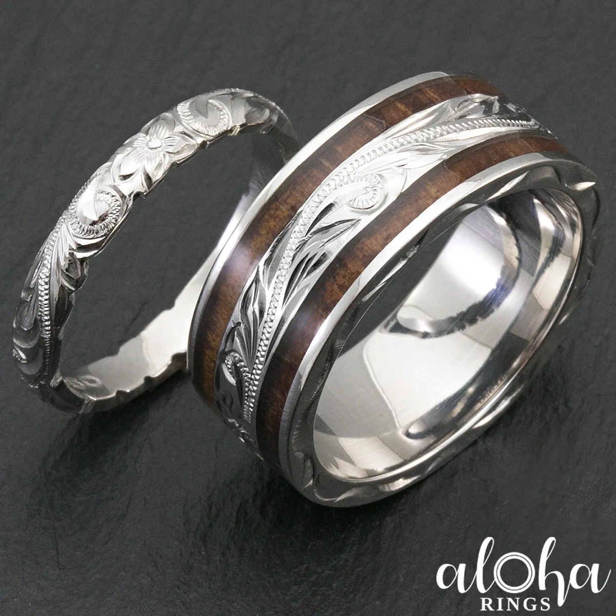Pair of 3&8mm Assorted Hawaiian Jewelry Platinum Rings with Koa Wood Inlay