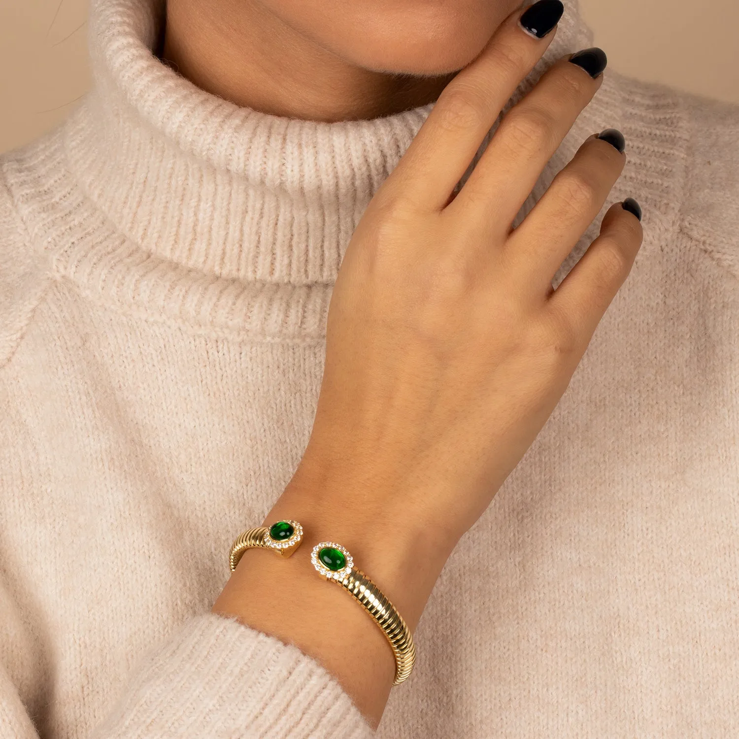 Pave Outlined Colored Stone Claw Snake Bangle Bracelet