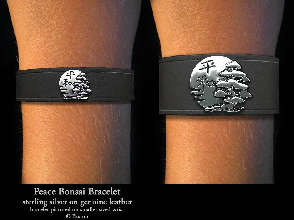 Peace Bonsai Bracelet Sterling Silver on Genuine Leather