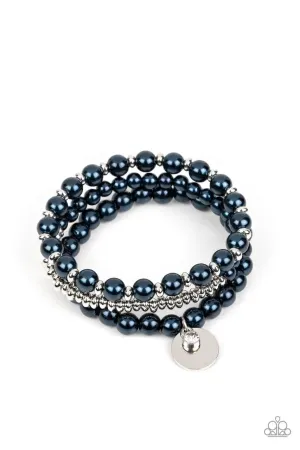 Pearly Professional - Blue - Pearl Silver Bead and Disc Paparazzi Stretchy Bracelet