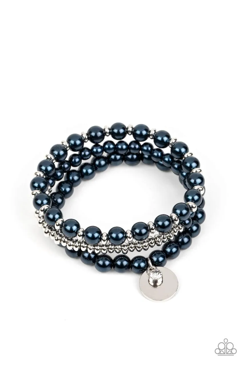 Pearly Professional - Blue - Pearl Silver Bead and Disc Paparazzi Stretchy Bracelet
