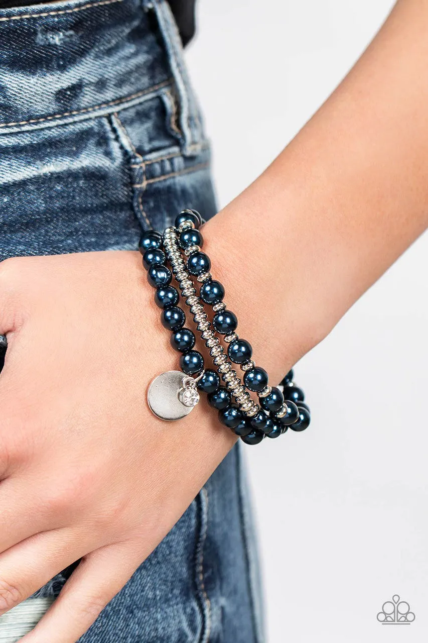 Pearly Professional - Blue - Pearl Silver Bead and Disc Paparazzi Stretchy Bracelet