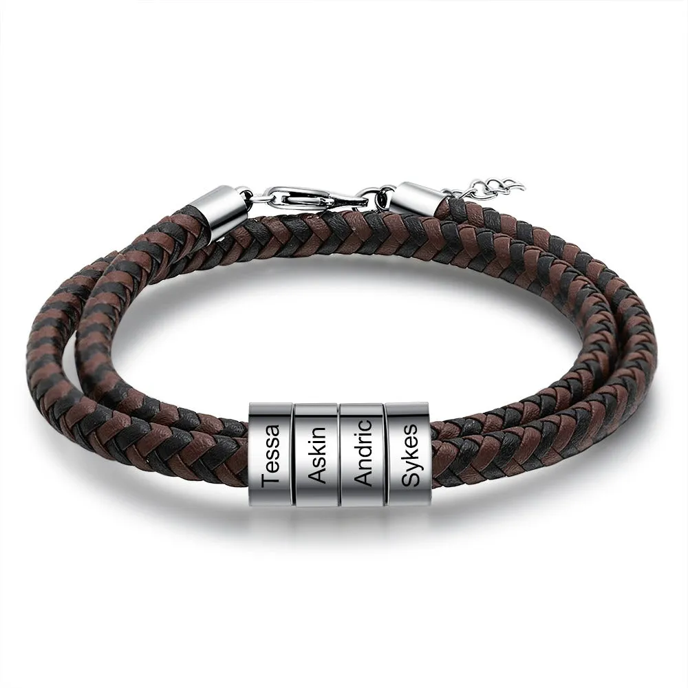 Personalized 4 Names Engraving Braided Leather Bracelet
