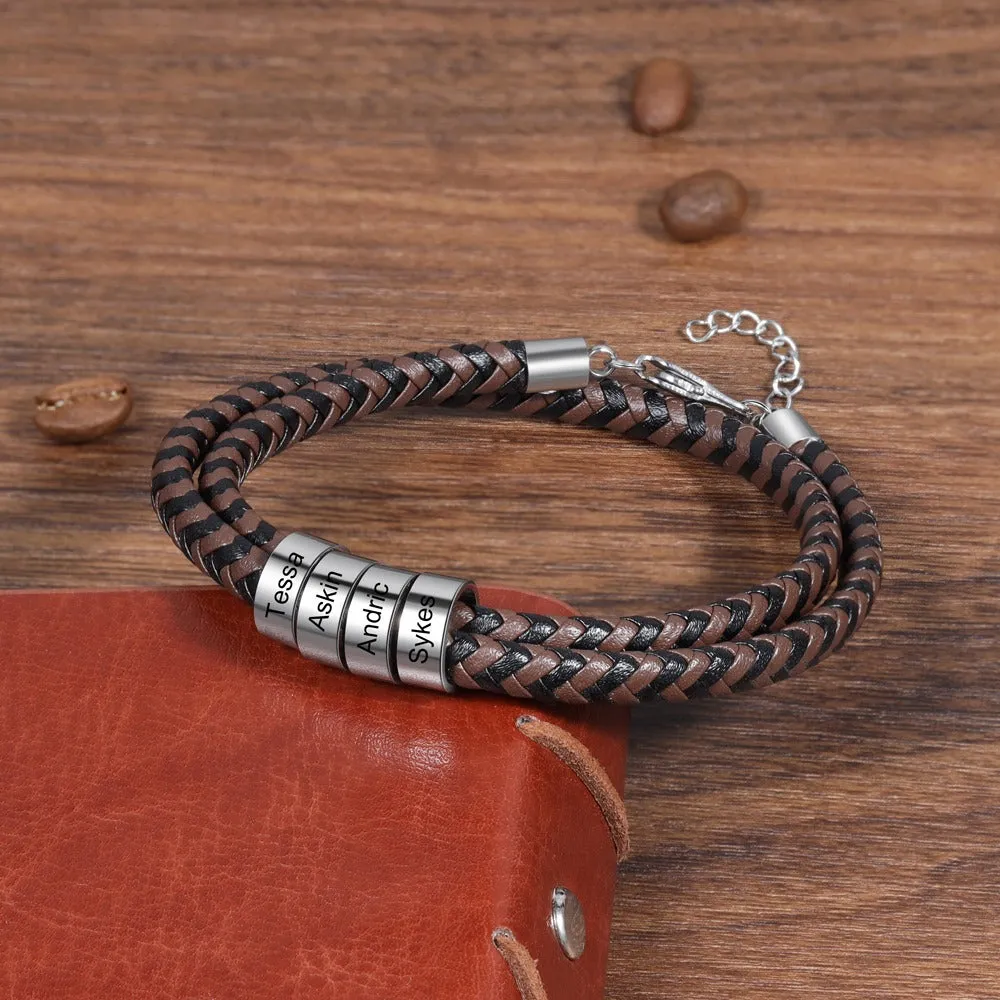 Personalized 4 Names Engraving Braided Leather Bracelet