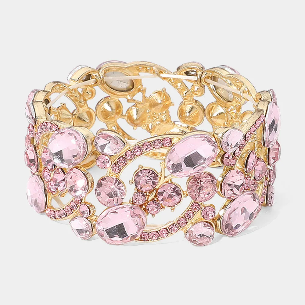 Pink Crystal Butterfly Stretch Bracelet on Gold  | 651488