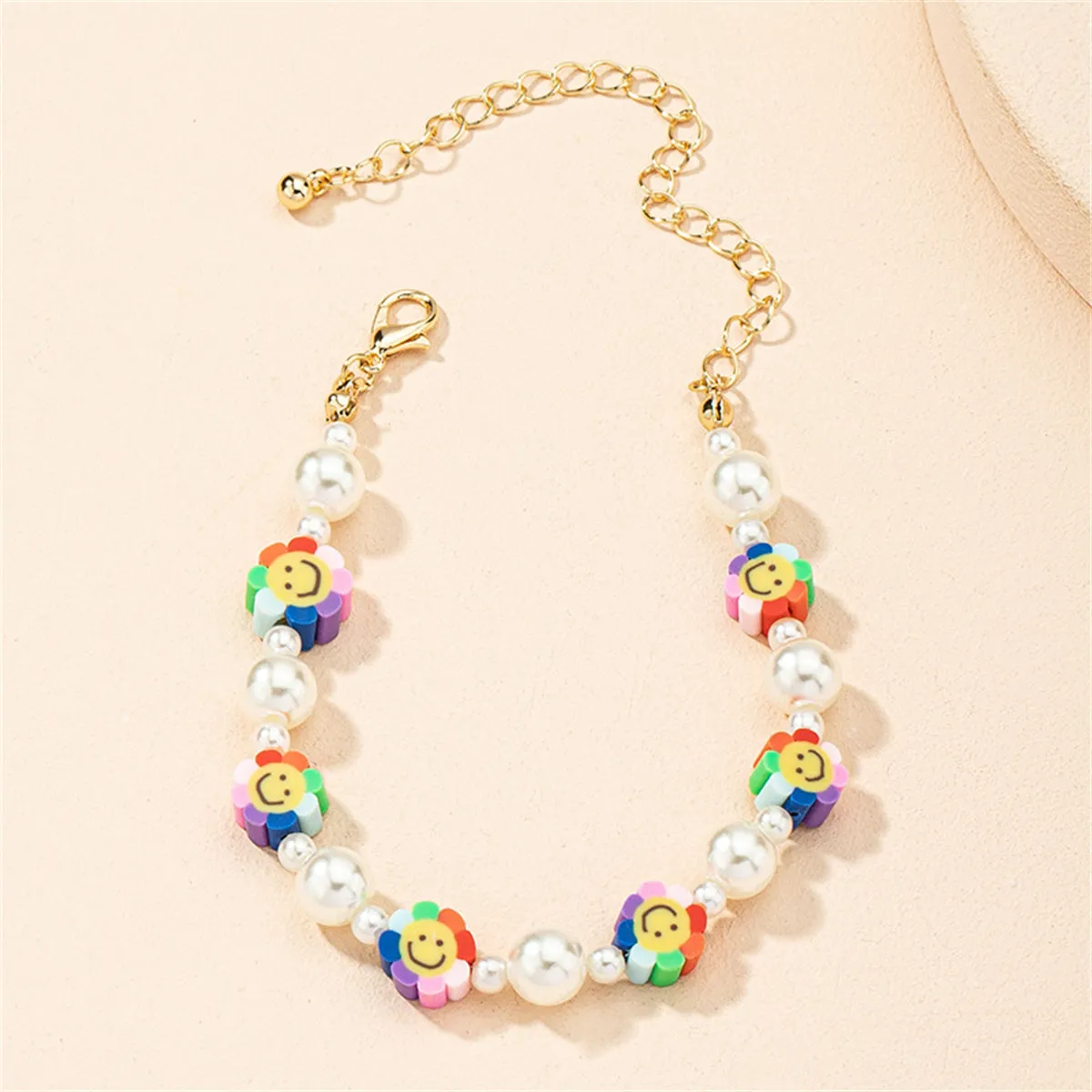 Pink Polymer Clay & Pearl Smiley Station Bracelet