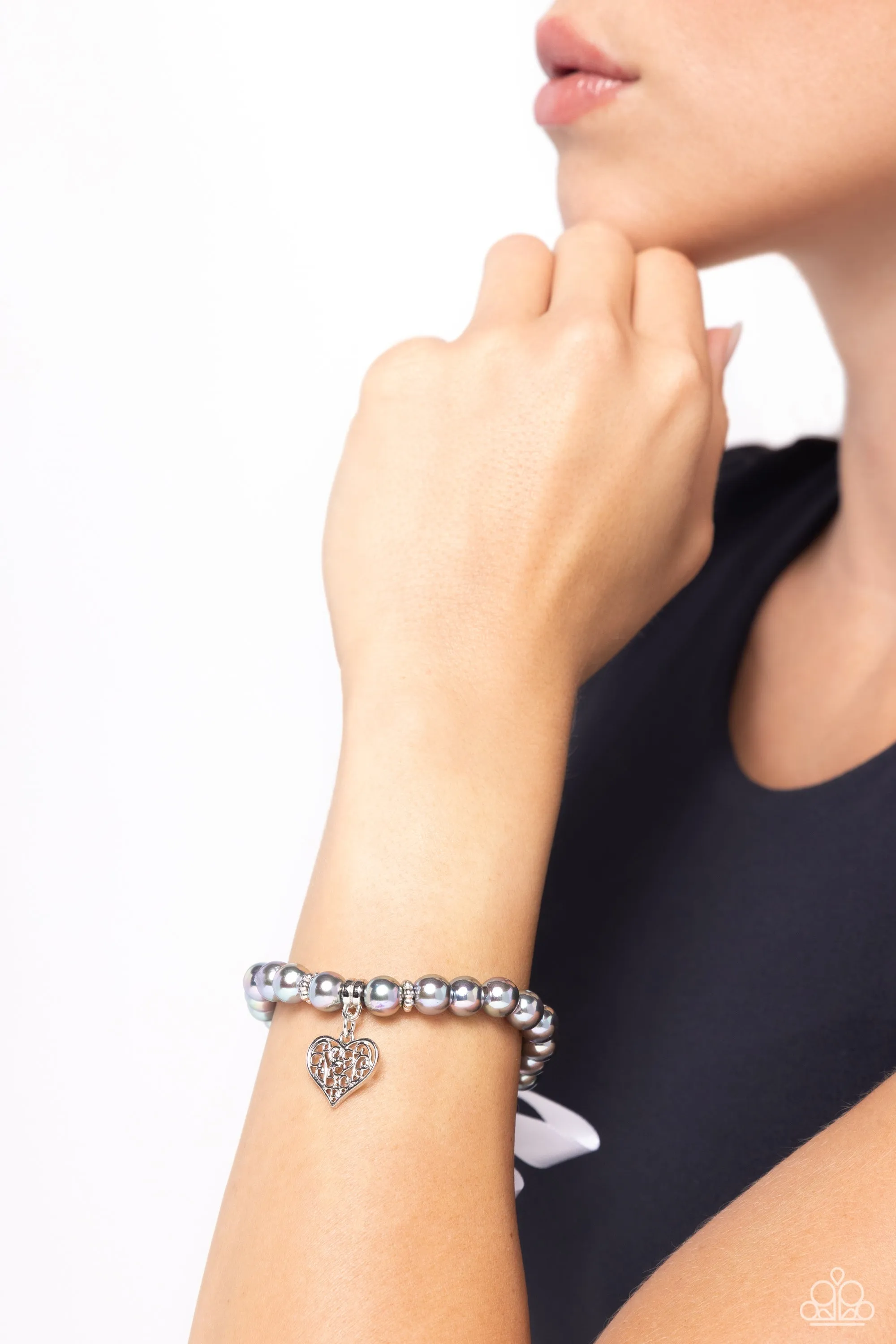 Prim and Pretty - Silver - Iridescent Pearl Filigree Heart Charm White Ribbon Paparazzi Stretchy Bracelet